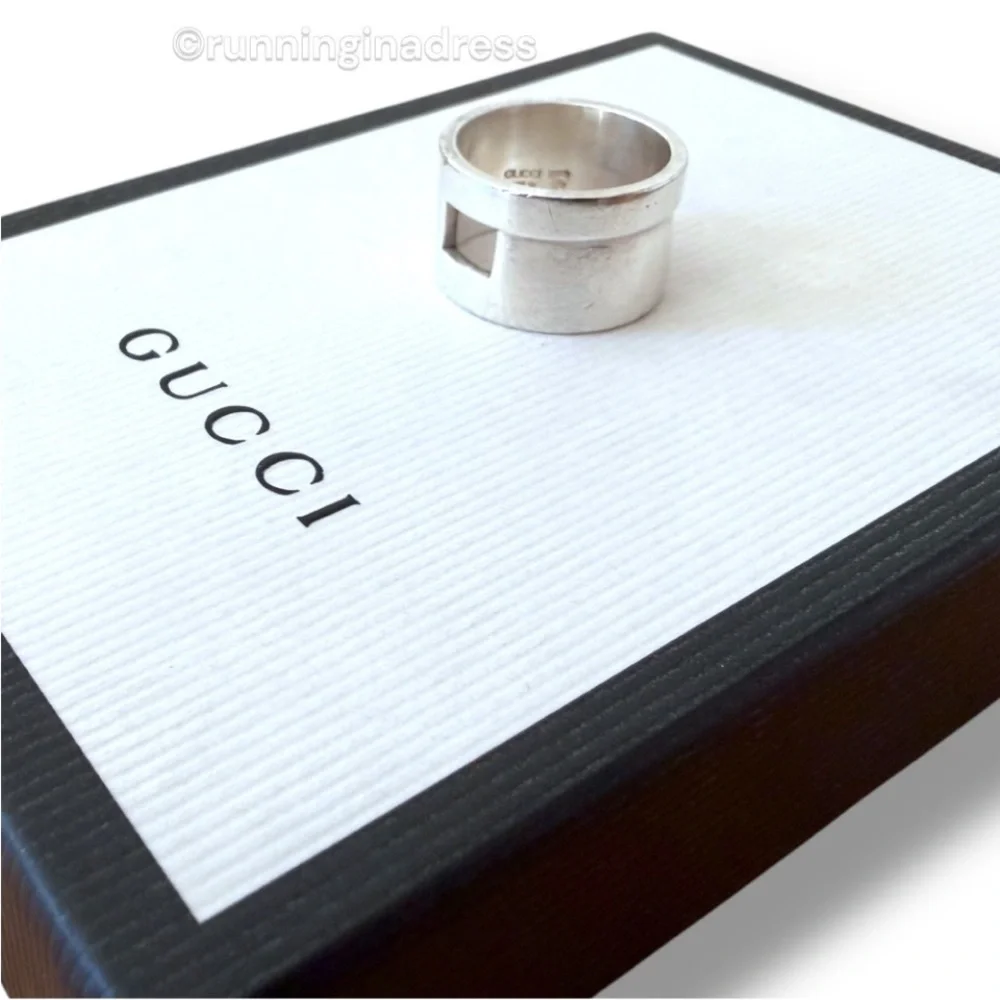 Vintage Gucci Tom Ford Era Geometric G Wide 925 Sterling Silver Ring 8.5 Y2K